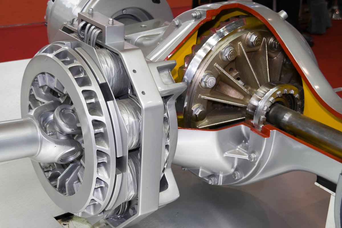Cutaway view of a vehicle differential showing the internal gear assembly